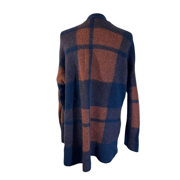 American Eagle Plaid Wool Blend Open Cardigan Sweater Pockets Brown Navy Blue - Picture 2 of 9